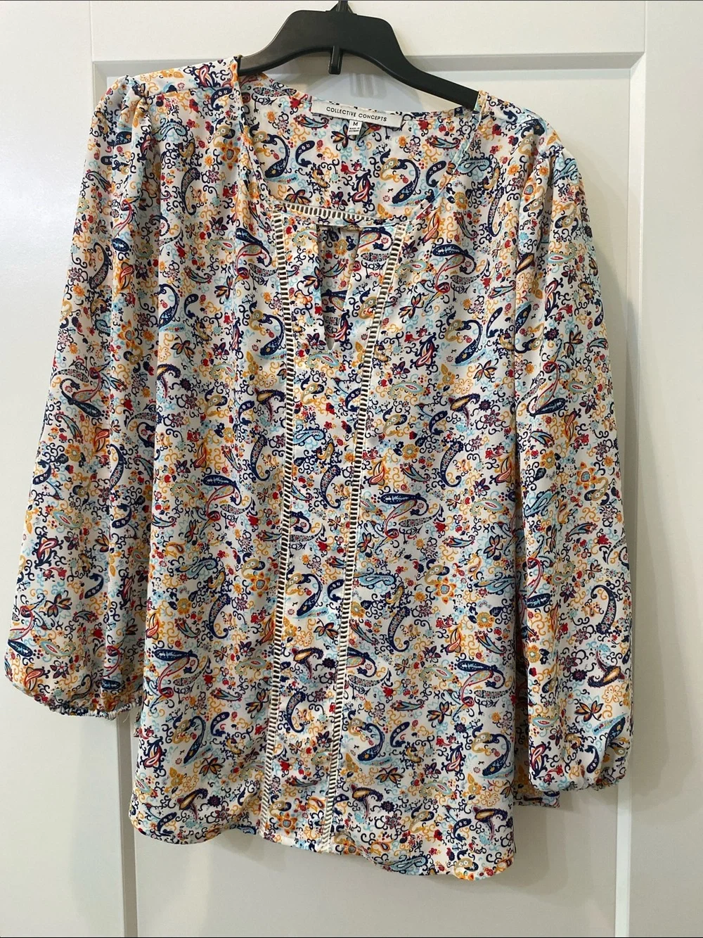 Collective Concepts Cream Paisley Peasant Top with Navy & Yellow Accents - Picture 1 of 3
